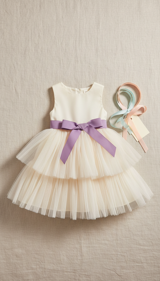 Buttercream tiered tulle dress with ribbon sash