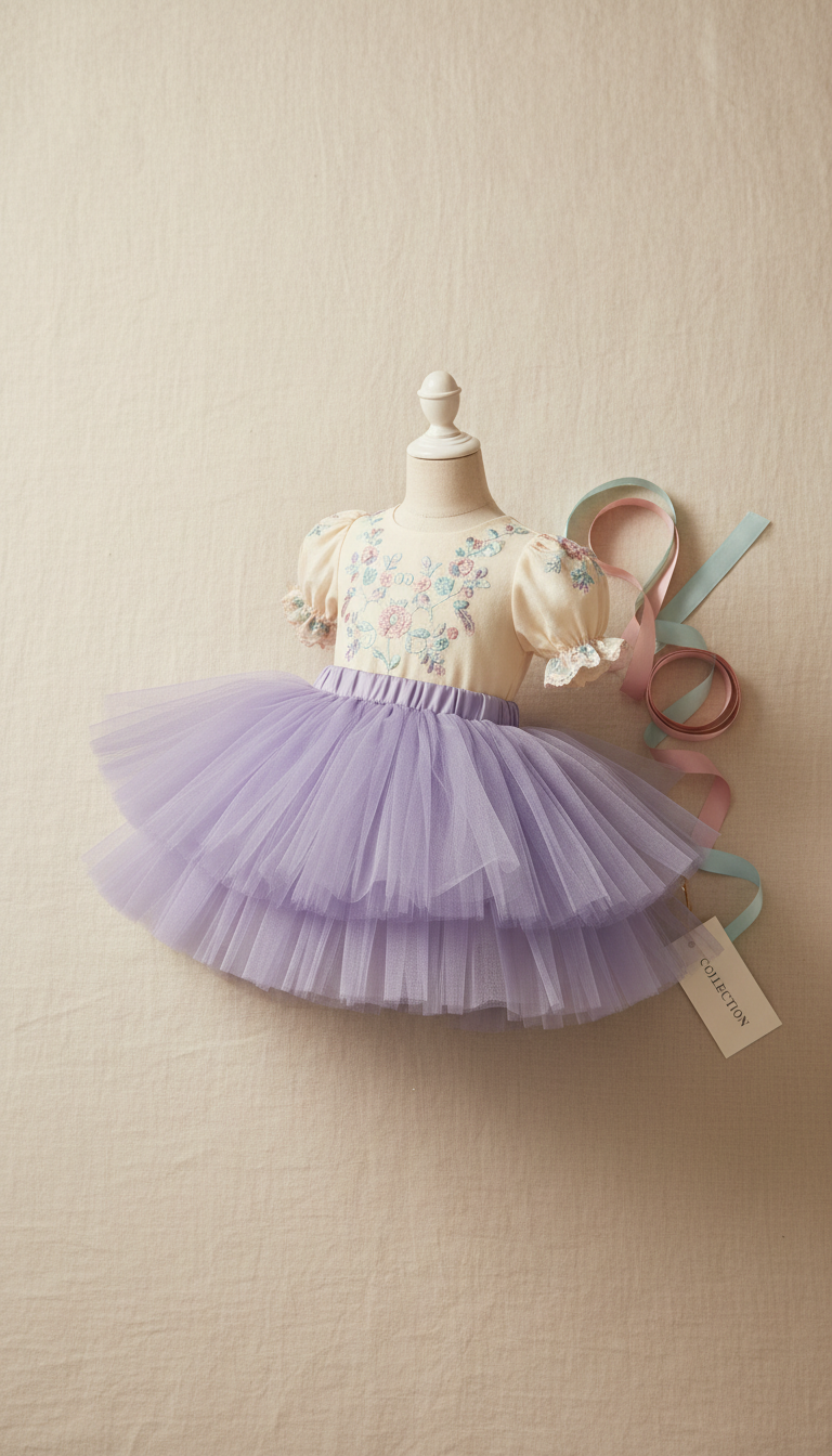 Lilac tulle layered skirt and embroidered blouse set