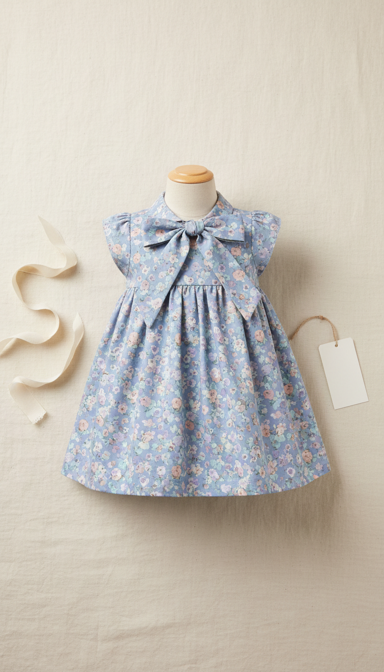 Powder blue floral cotton day dress with bow collar